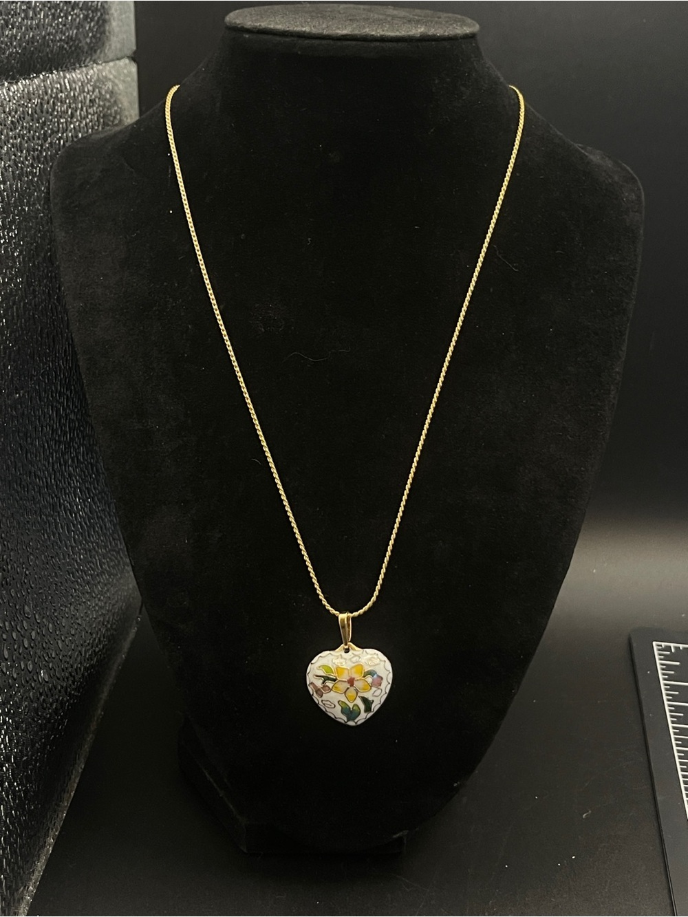 Vintage Cloisonne Puffy Heart Necklace Floral Enamel Signed SC 18” - Picture 6 of 16